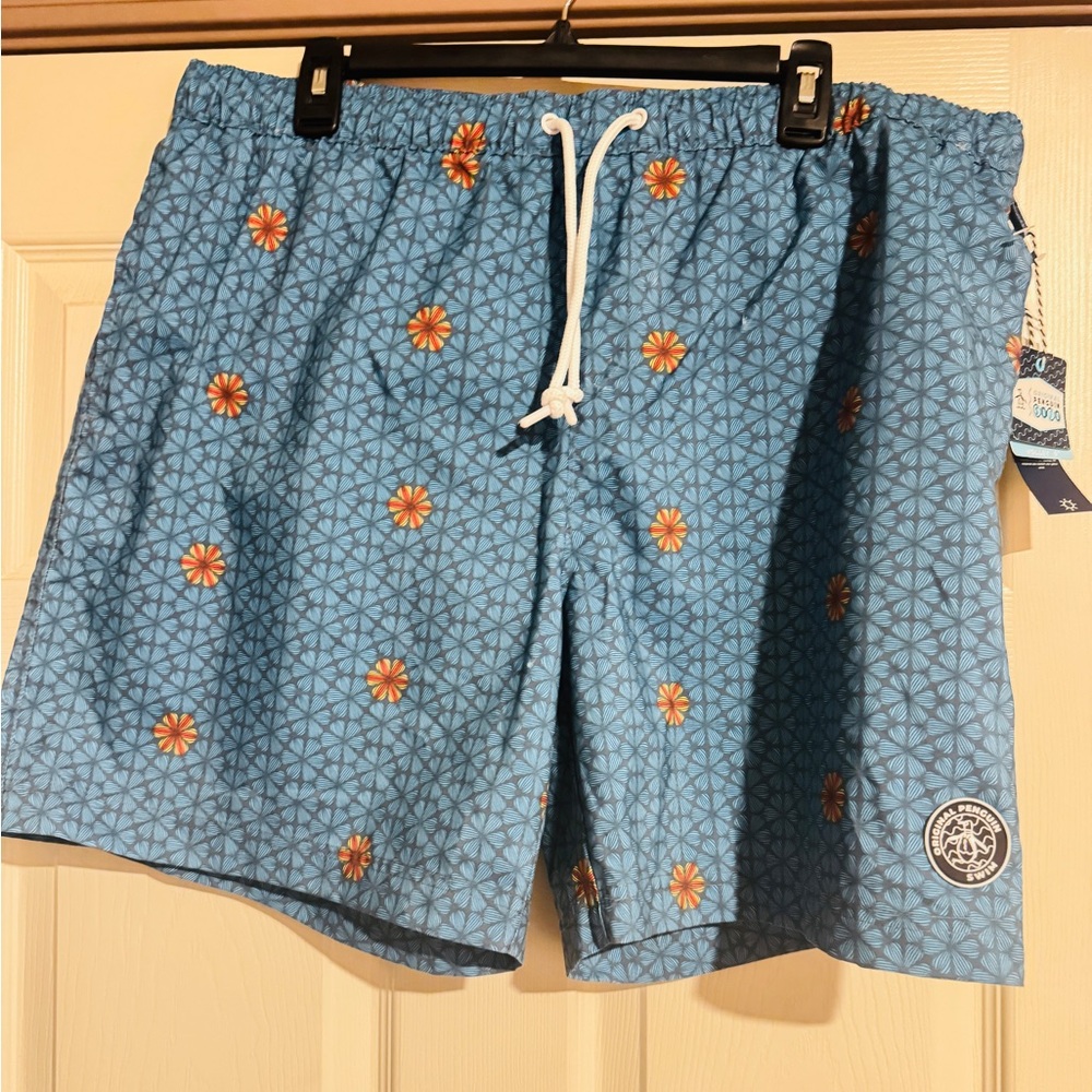 Original Penguin Blue and Orange Swim Trunks with Fish Pattern
